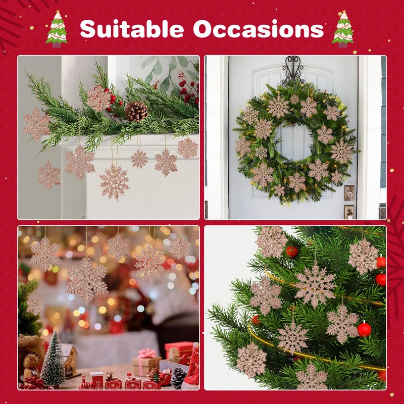 Fessary 48pcs Rose Gold Plastic Snowflake Decorations Christmas Tree Ornaments Glitter Snow Flakes Ornaments Christmas Indoor Winter Wonderland Decor?3 Sizes? 3Styles - Image 4